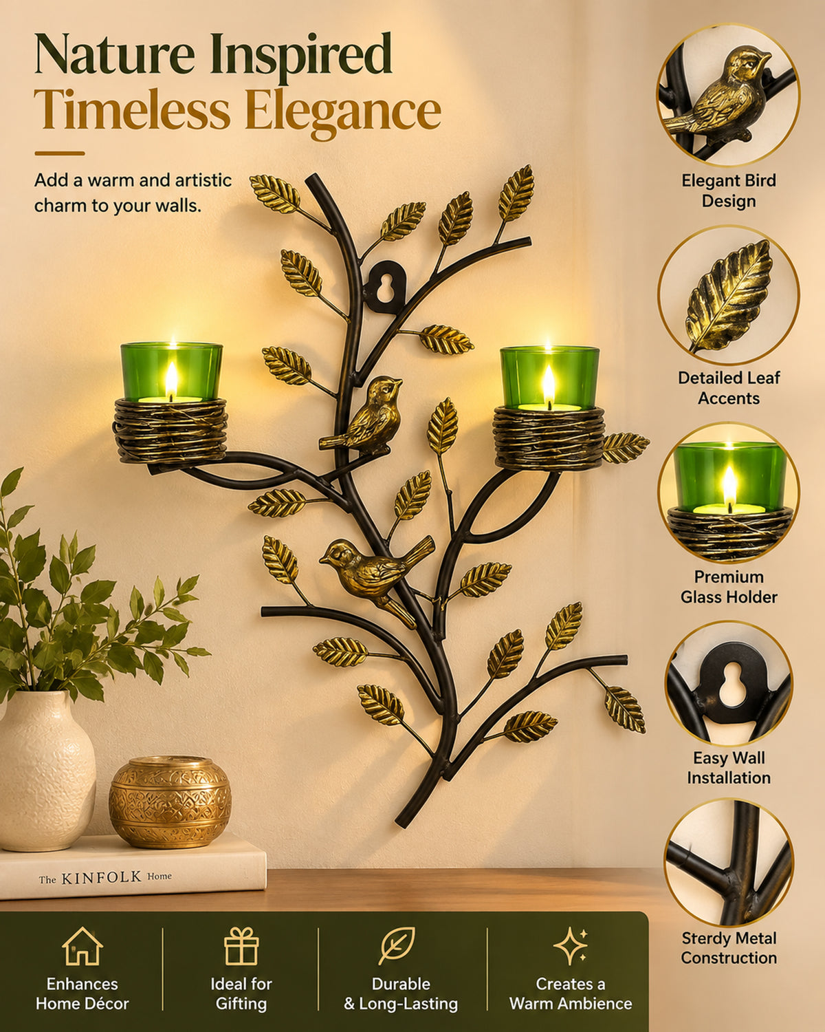 Tree with Bird Nest Votive Stand Blue, Wall Candle holder and Tealight candles