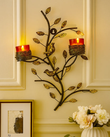 Tree with Bird Nest Votive Stand Blue, Wall Candle holder and Tealight candles