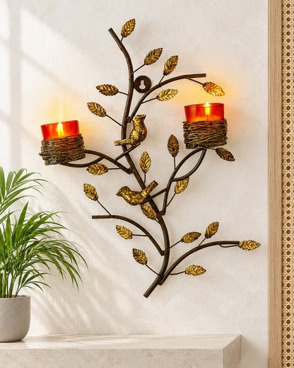 Tree with Bird Nest Votive Stand Blue, Wall Candle holder and Tealight candles