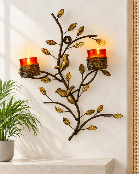 Tree with Bird Nest Votive Stand Blue, Wall Candle holder and Tealight candles