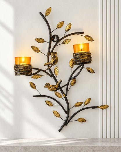 Tree with Bird Nest Votive Stand Blue, Wall Candle holder and Tealight candles