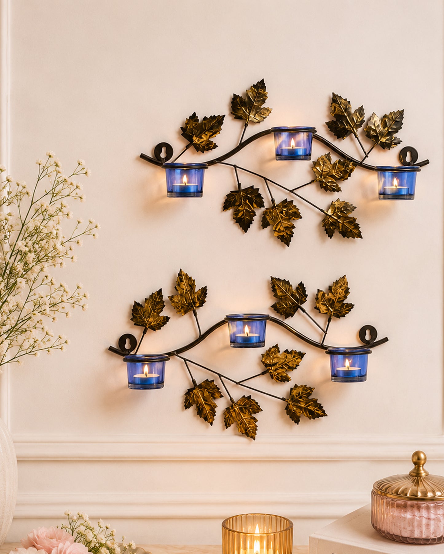 Maple Leaf Wall Mount with 3 Votive, set of 2, candle stand wall mounted with tea lights