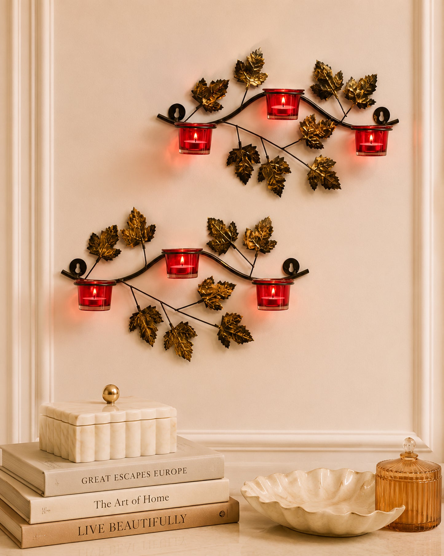 Maple Leaf Wall Mount with 3 Votive, set of 2, candle stand wall mounted with tea lights