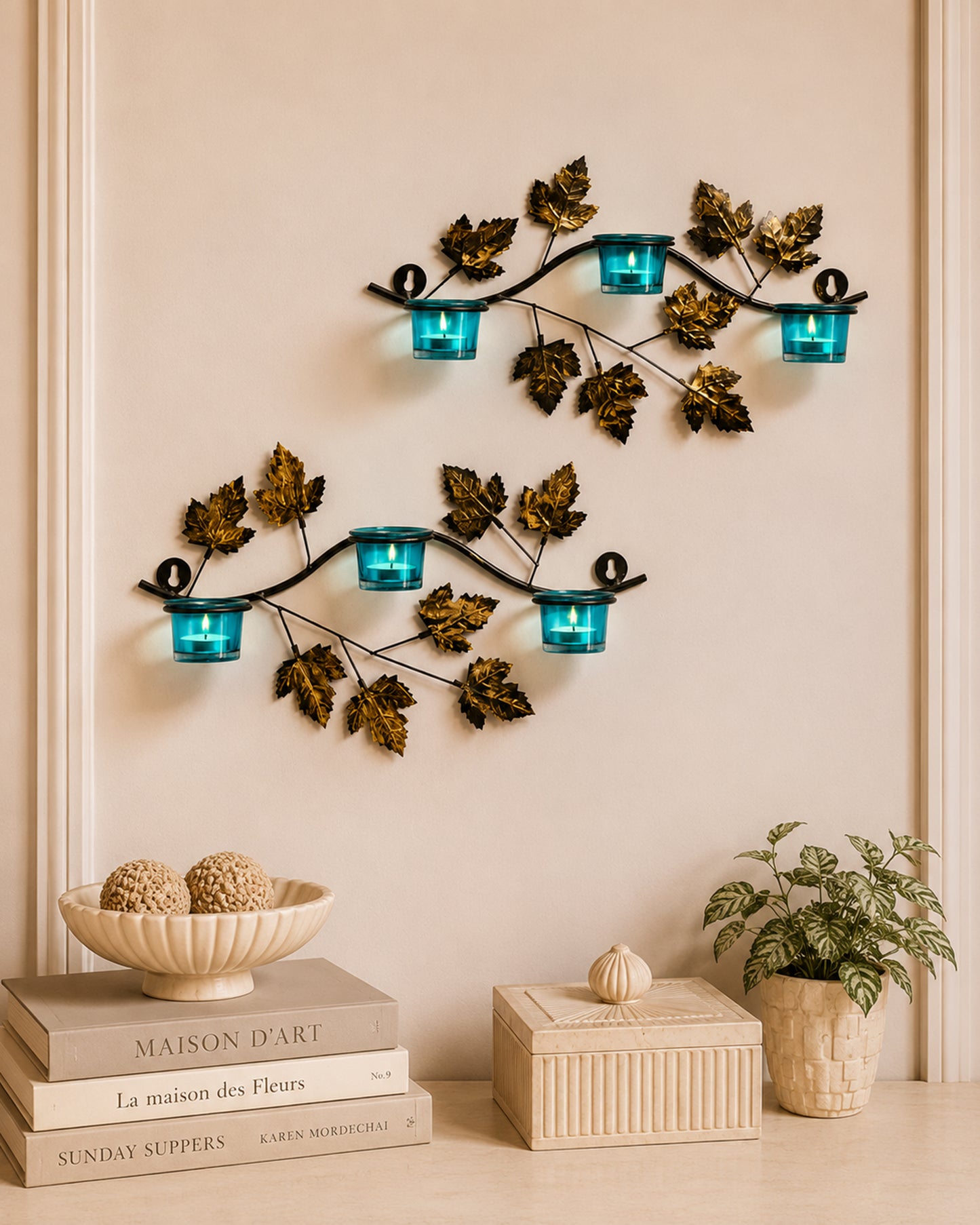 Maple Leaf Wall Mount with 3 Votive, set of 2, candle stand wall mounted with tea lights