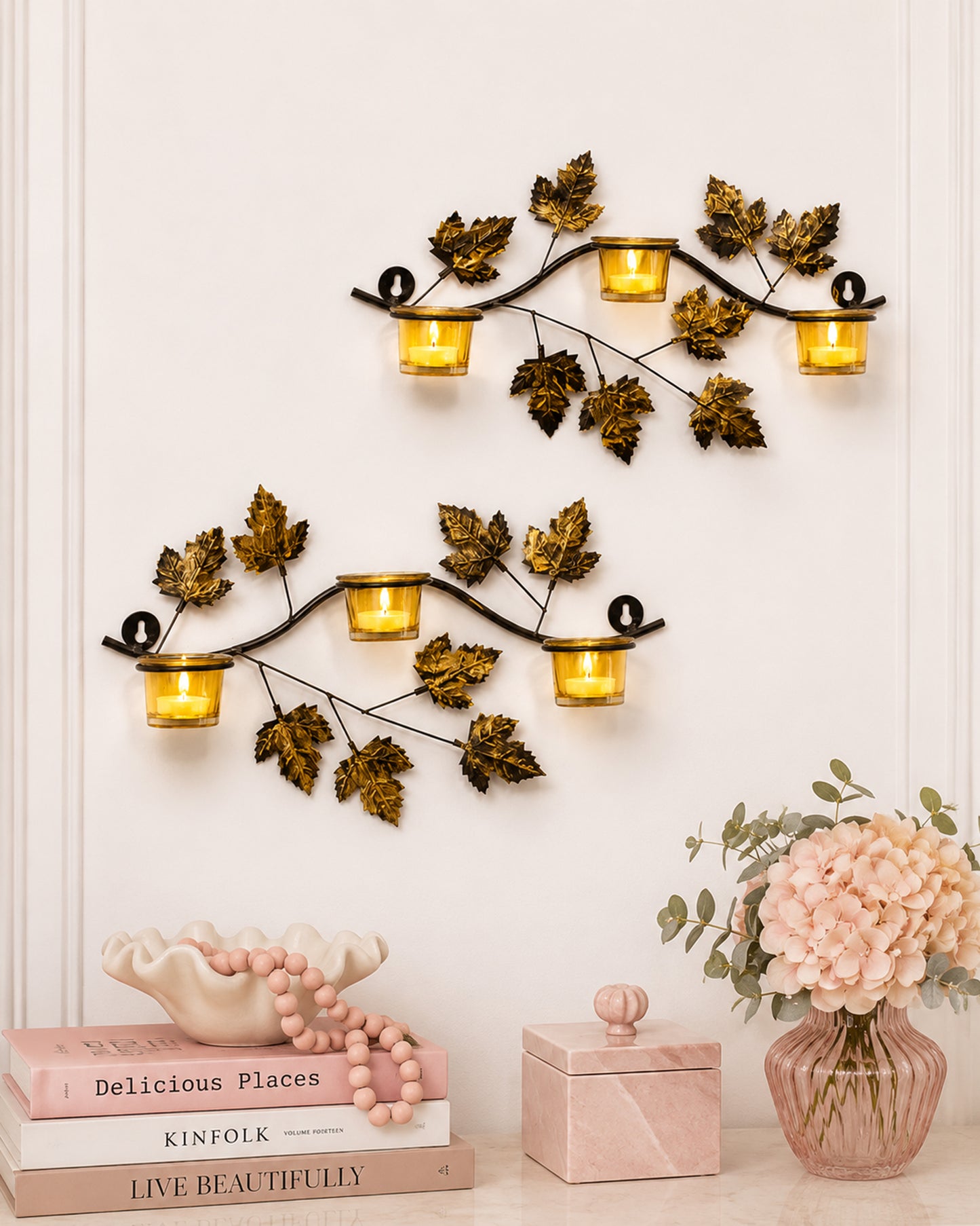 Maple Leaf Wall Mount with 3 Votive, set of 2, candle stand wall mounted with tea lights