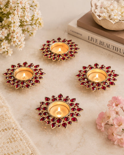 Crystal Diya with T-Light- Set of Four,candle holder stand with free candle