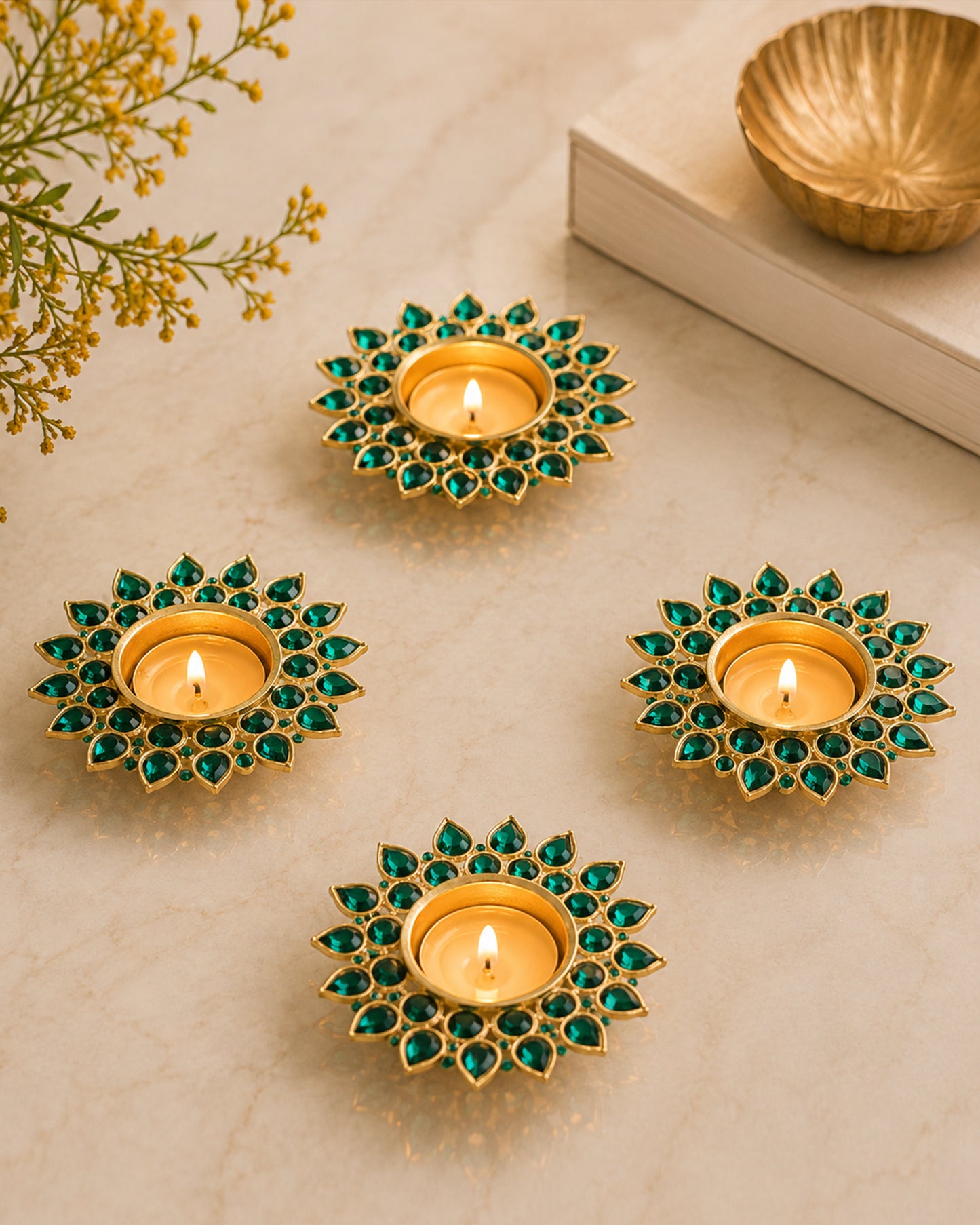 Crystal Diya with T-Light- Set of Four,candle holder stand with free candle
