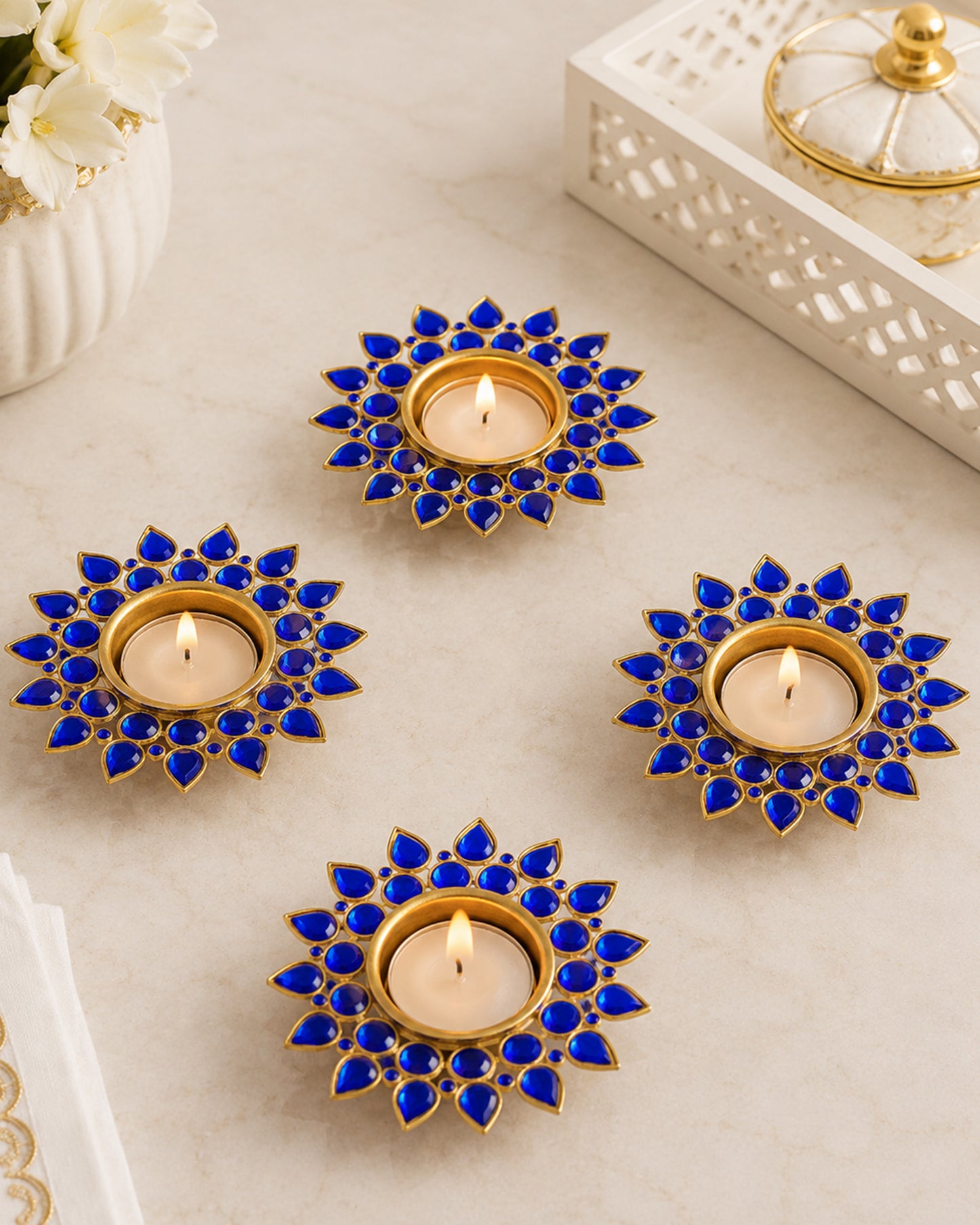 Crystal Diya with T-Light- Set of Four,candle holder stand with free candle