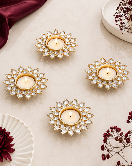 Crystal Diya with T-Light- Set of Four,candle holder stand with free candle