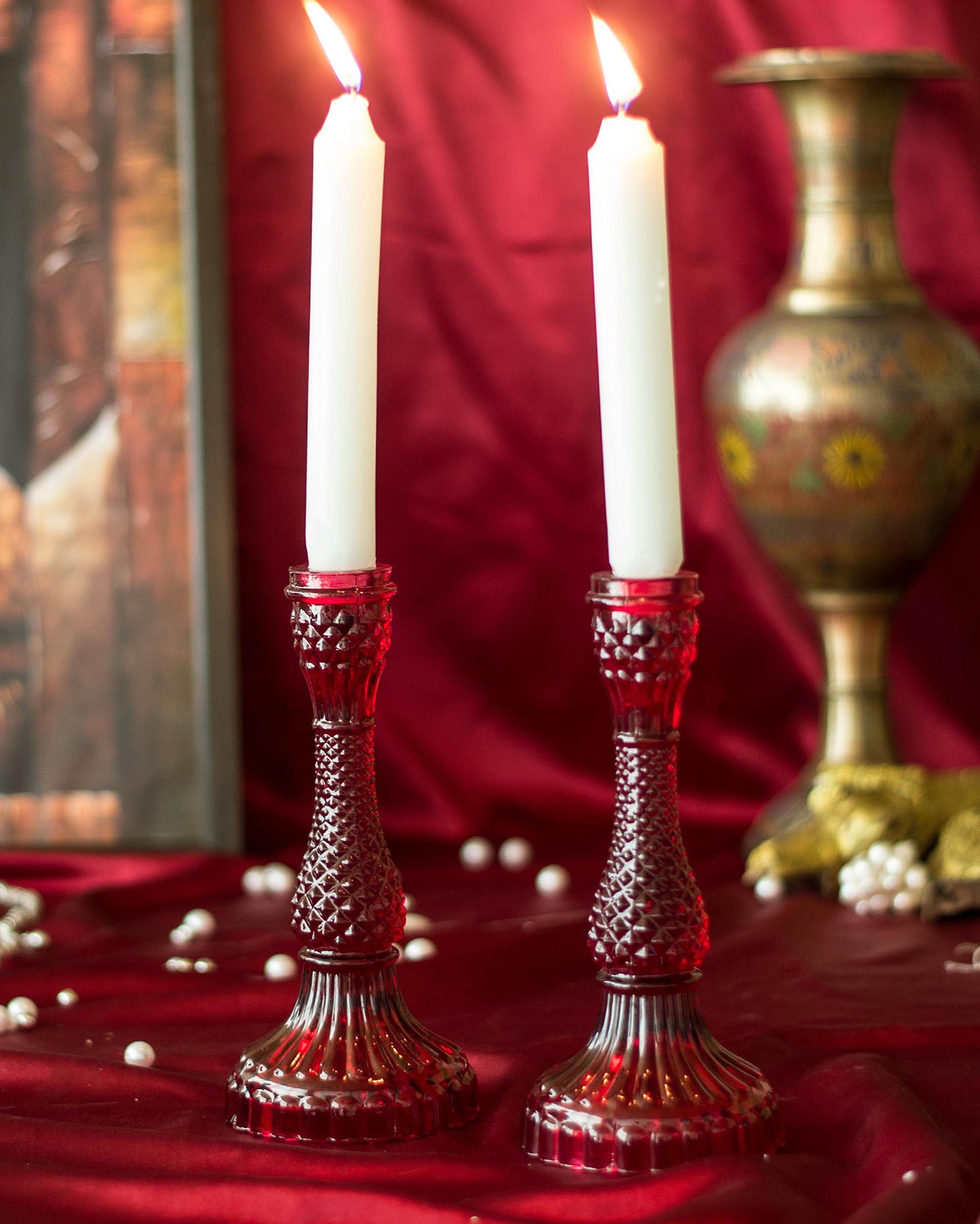 Solid Glass candle Stand Carved  (Set of 2)