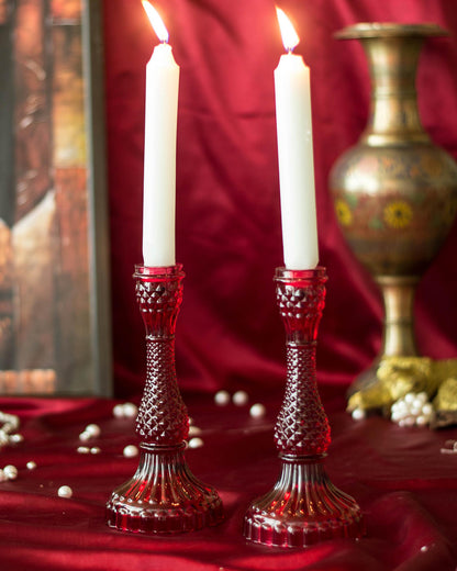 Solid Glass candle Stand Carved  (Set of 2)