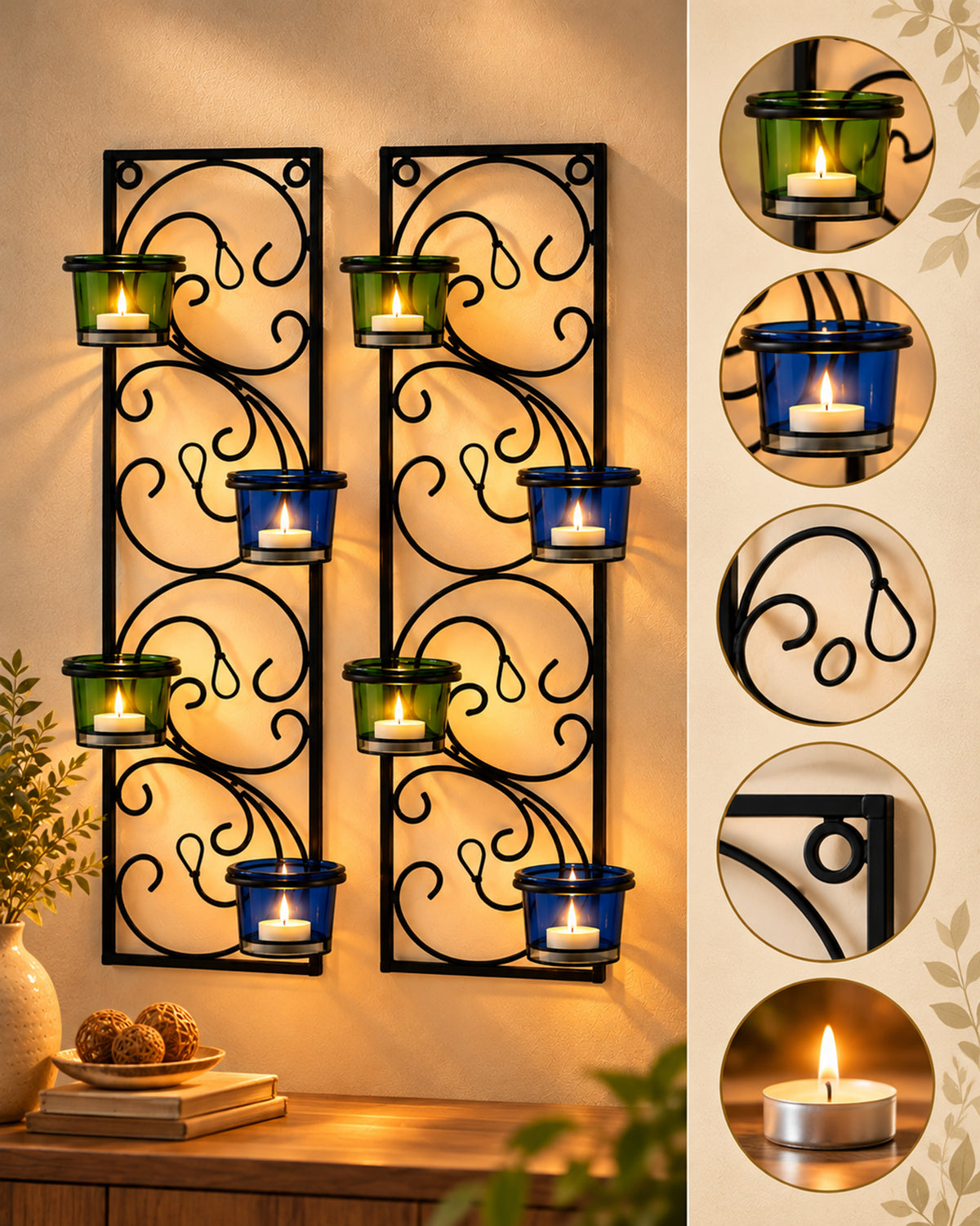 Wall Hanging Twisted Petals Tea Light Candle Diya Holders, Set of 2,Candle holder