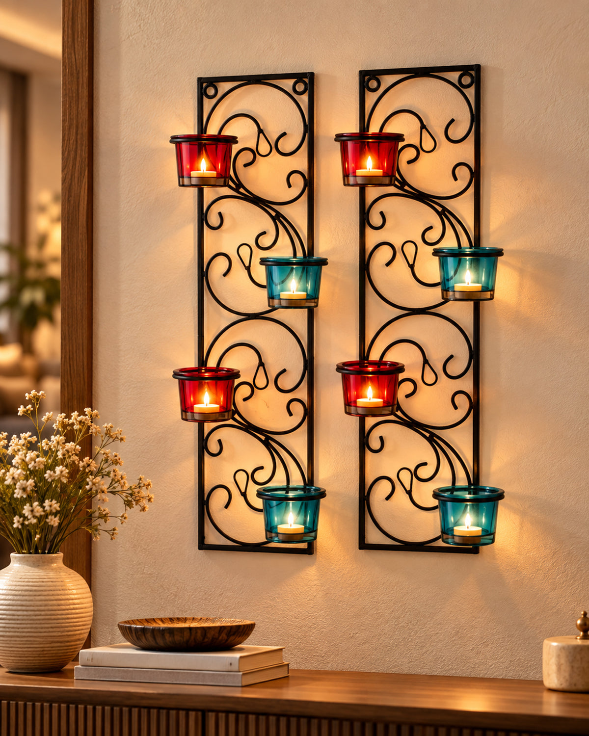 Wall Hanging Twisted Petals Tea Light Candle Diya Holders, Set of 2,Candle holder