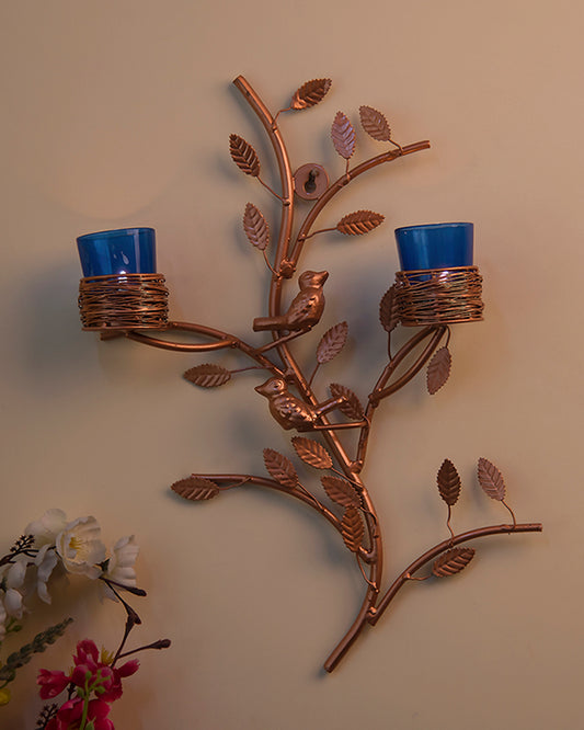 Copper Tree with Bird Nest Votive Stand , Wall Candle Holder and Tealight Candles, Rose Gold