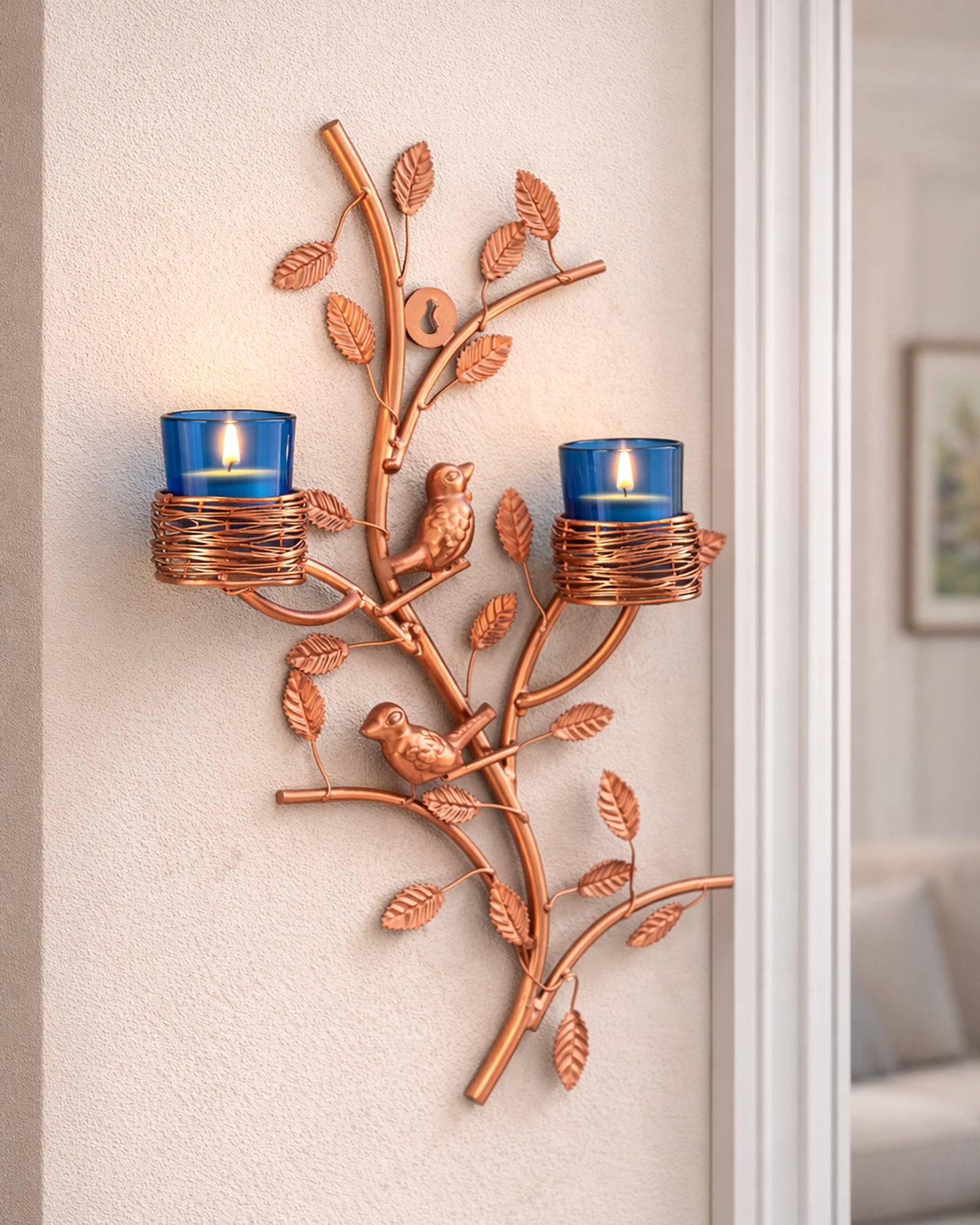 Copper Tree with Bird Nest Votive Stand , Wall Candle Holder and Tealight Candles, Rose Gold