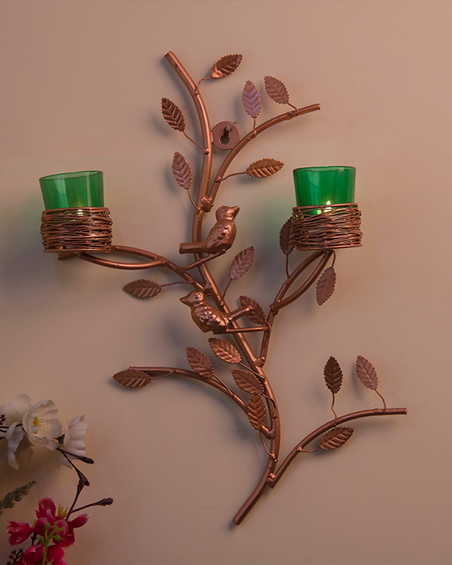 Copper Tree with Bird Nest Votive Stand , Wall Candle Holder and Tealight Candles, Rose Gold