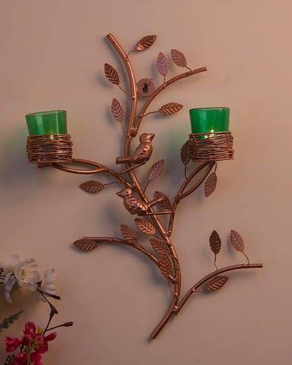 Copper Tree with Bird Nest Votive Stand , Wall Candle Holder and Tealight Candles, Rose Gold