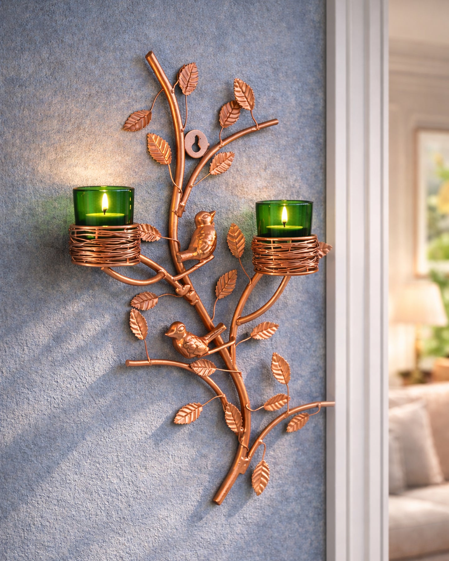Copper Tree with Bird Nest Votive Stand , Wall Candle Holder and Tealight Candles, Rose Gold