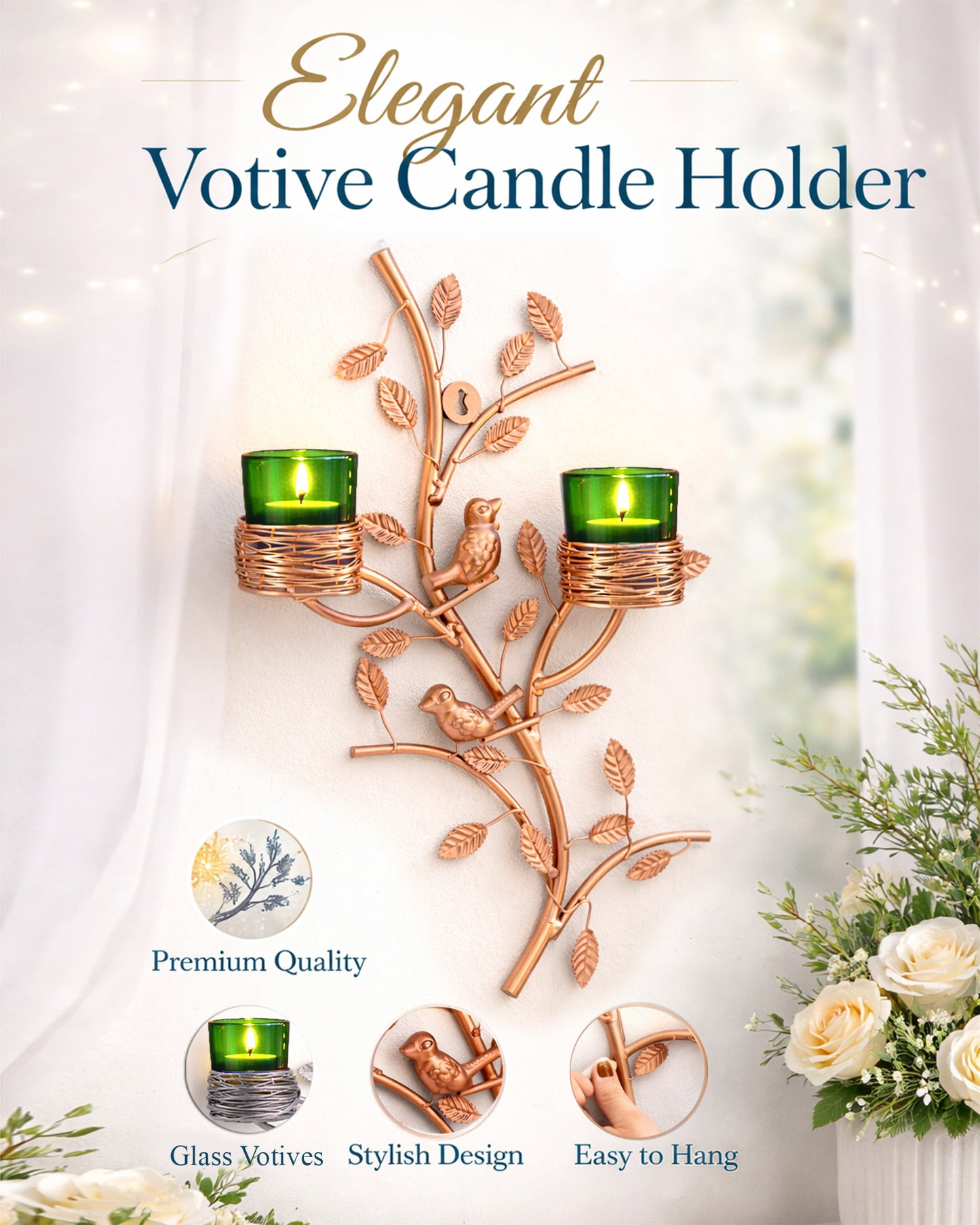 Copper Tree with Bird Nest Votive Stand , Wall Candle Holder and Tealight Candles, Rose Gold