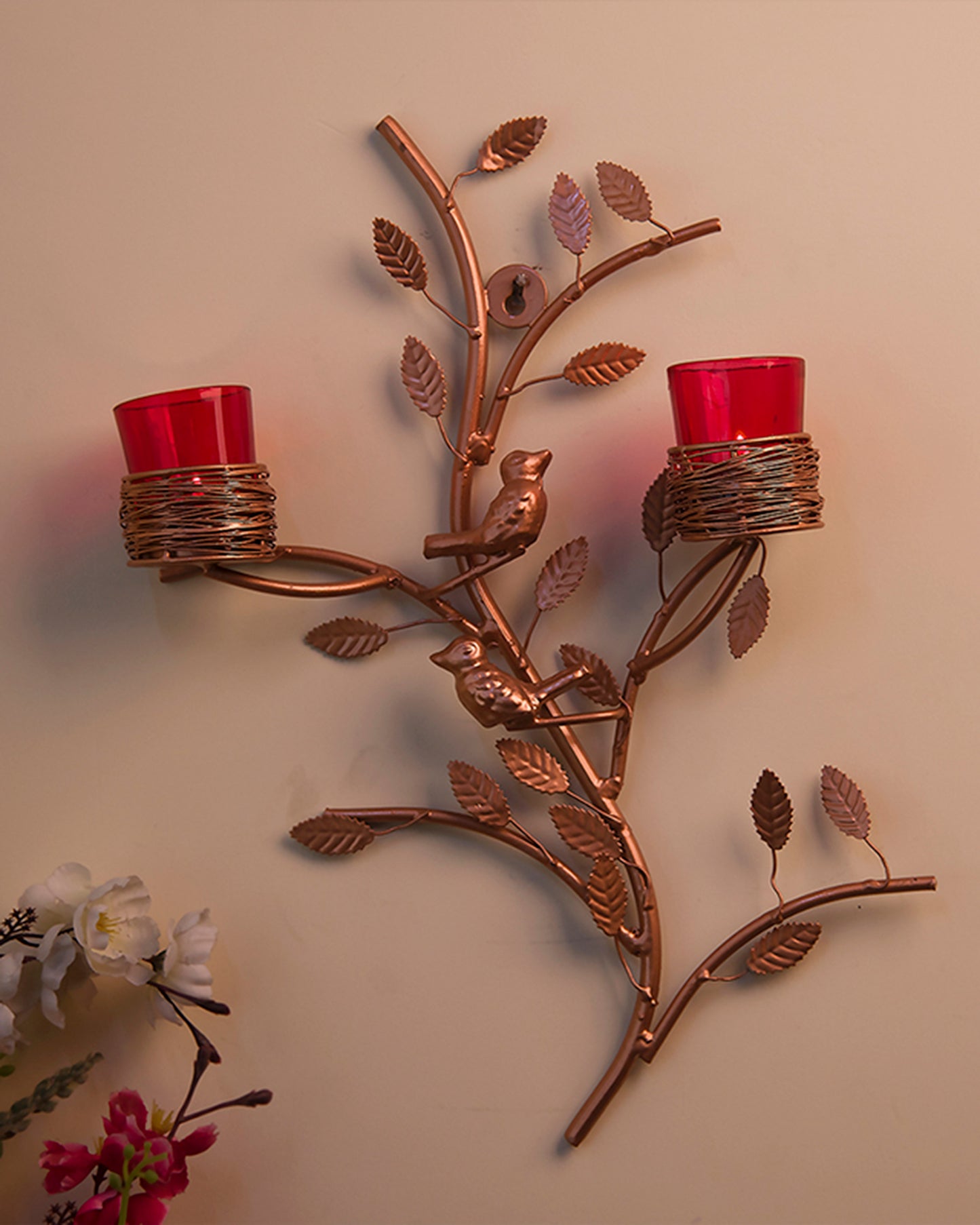 Copper Tree with Bird Nest Votive Stand , Wall Candle Holder and Tealight Candles, Rose Gold