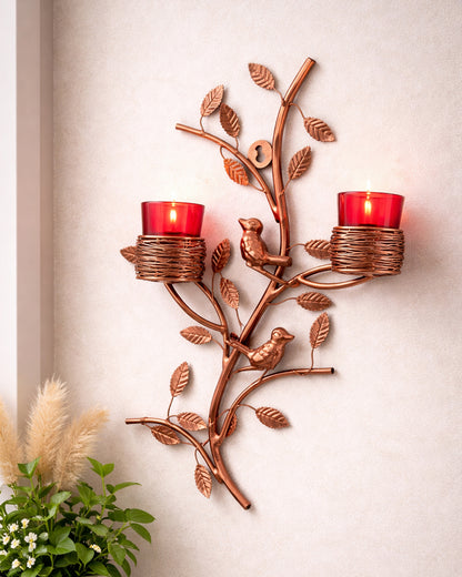 Copper Tree with Bird Nest Votive Stand , Wall Candle Holder and Tealight Candles, Rose Gold