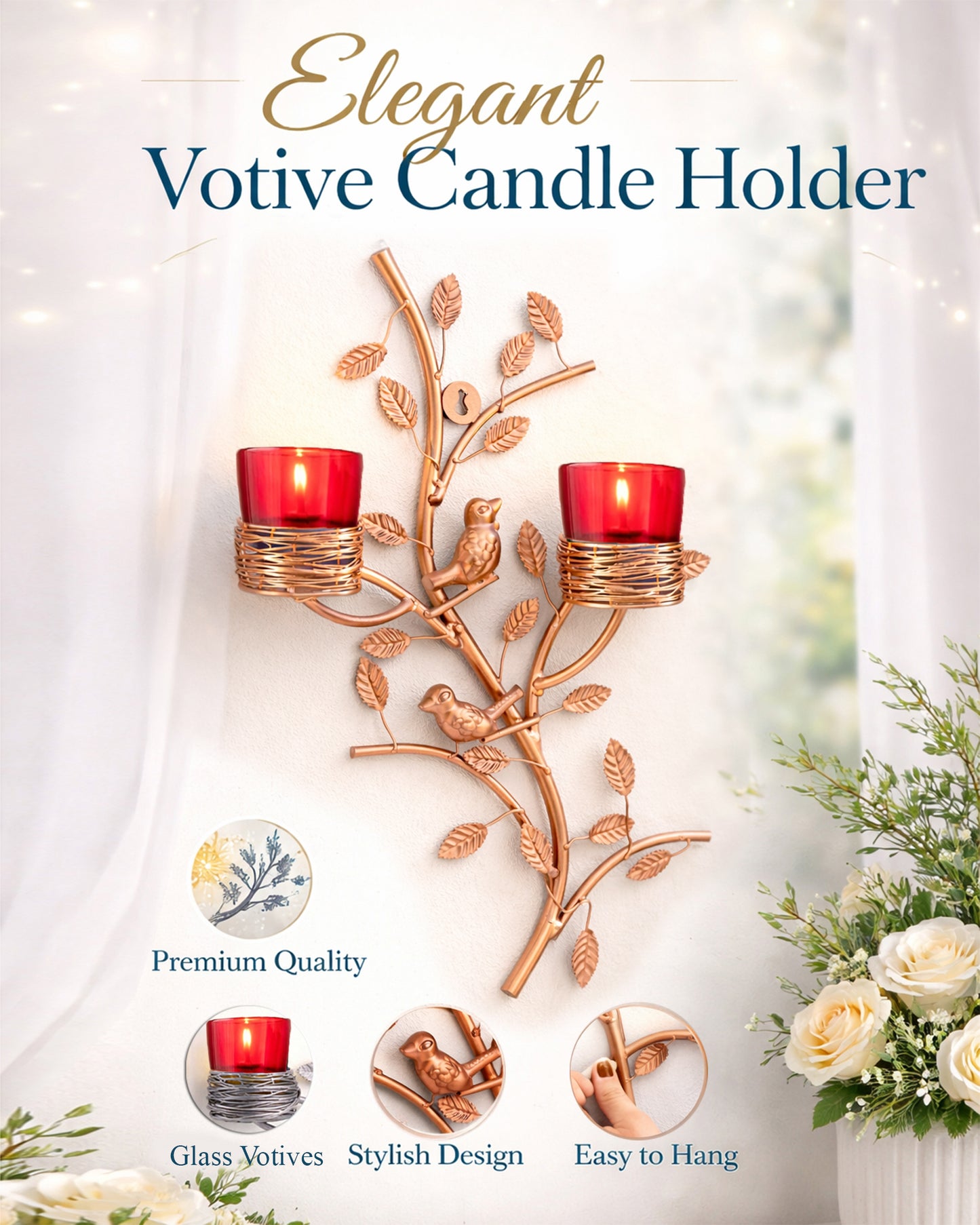 Copper Tree with Bird Nest Votive Stand , Wall Candle Holder and Tealight Candles, Rose Gold