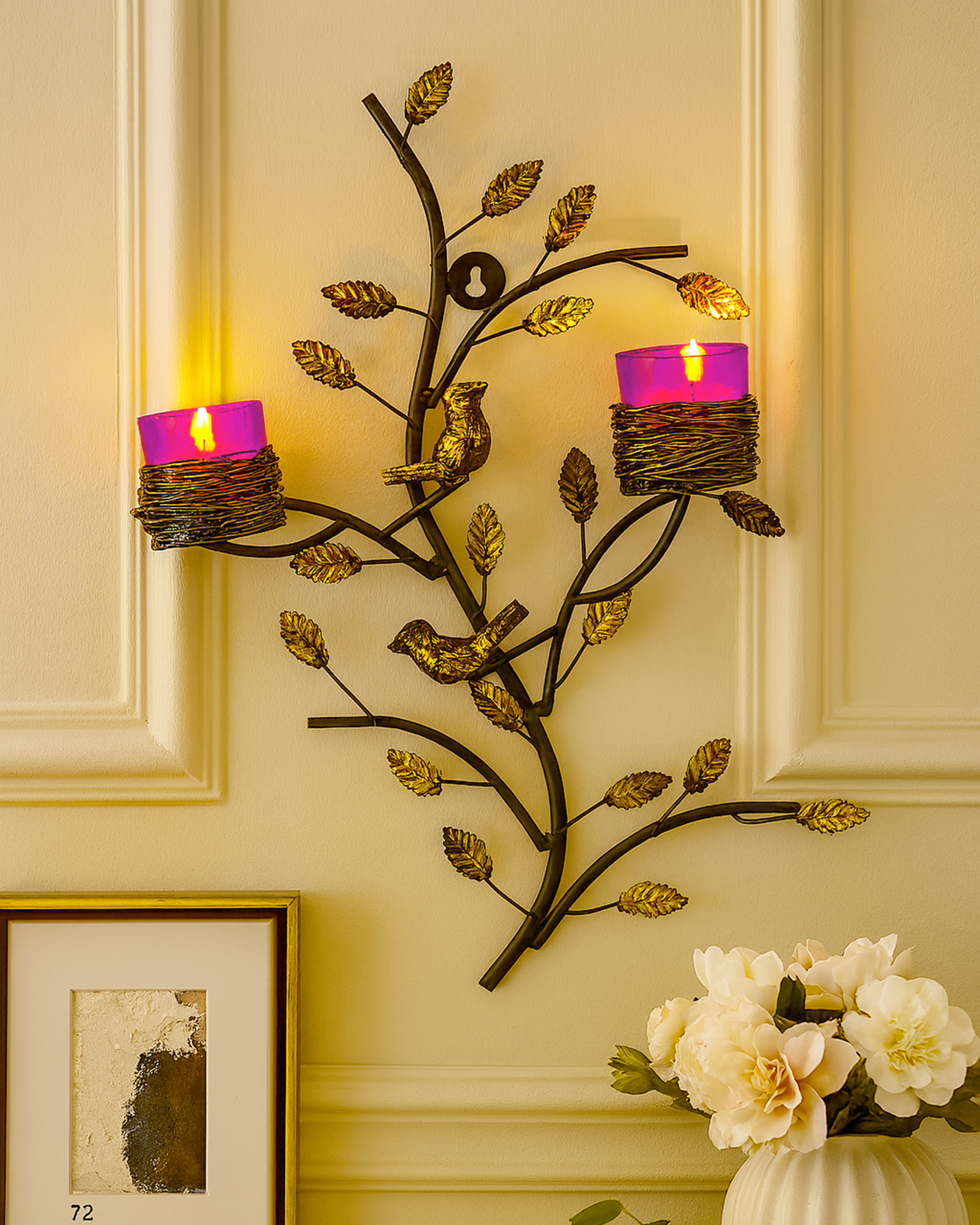 Copper Tree with Bird Nest Votive Stand , Wall Candle Holder and Tealight Candles, Rose Gold