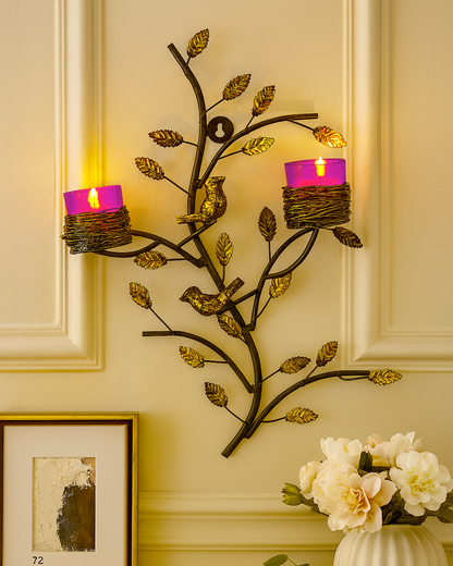 Copper Tree with Bird Nest Votive Stand , Wall Candle Holder and Tealight Candles, Rose Gold