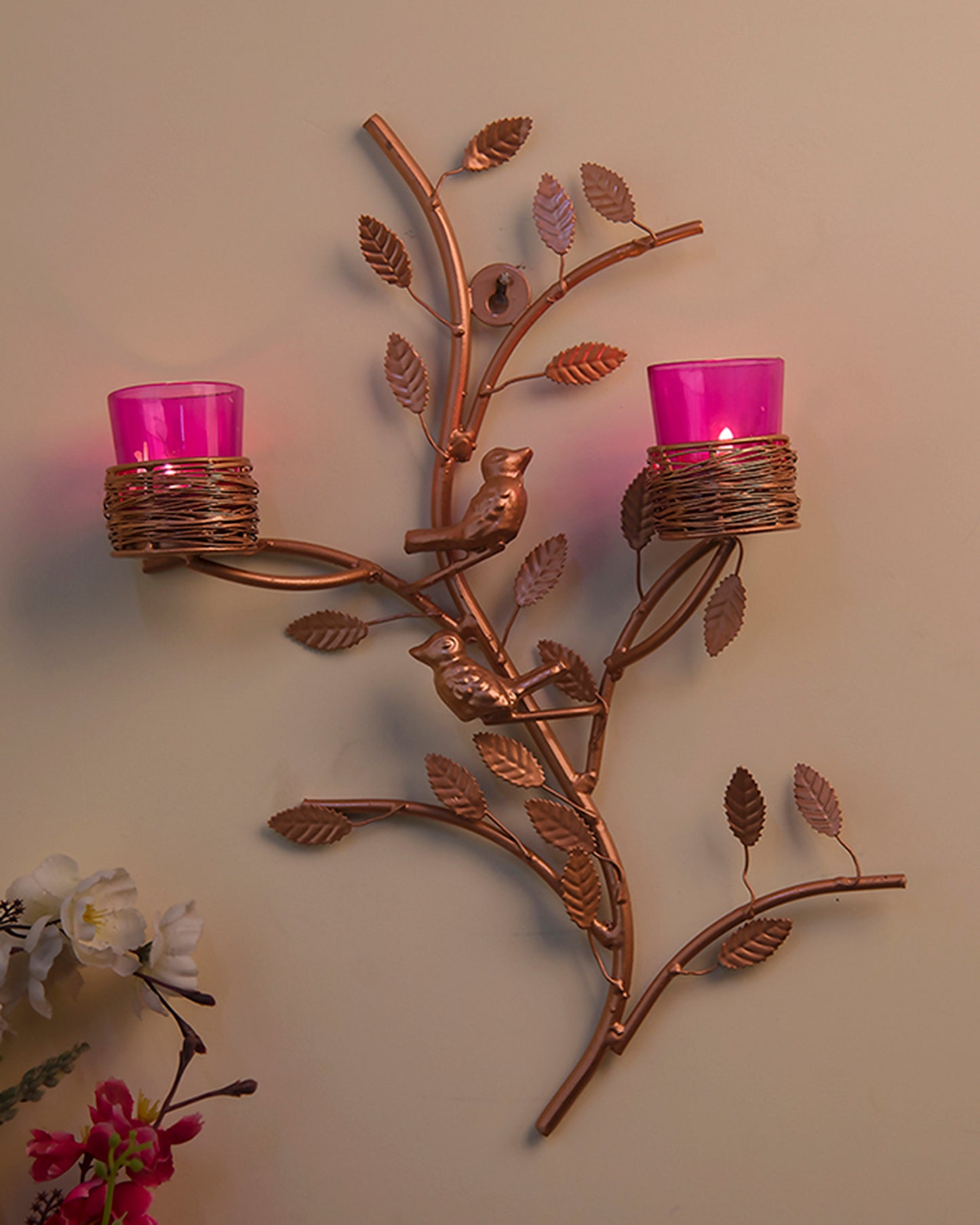 Copper Tree with Bird Nest Votive Stand , Wall Candle Holder and Tealight Candles, Rose Gold