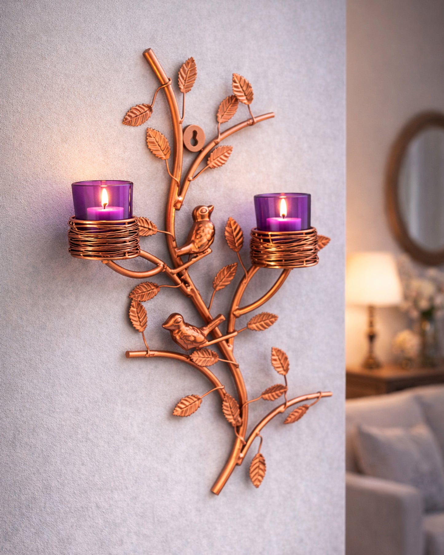 Copper Tree with Bird Nest Votive Stand , Wall Candle Holder and Tealight Candles, Rose Gold