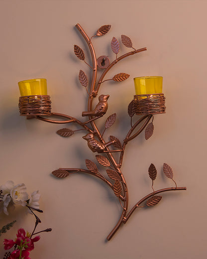 Copper Tree with Bird Nest Votive Stand , Wall Candle Holder and Tealight Candles, Rose Gold
