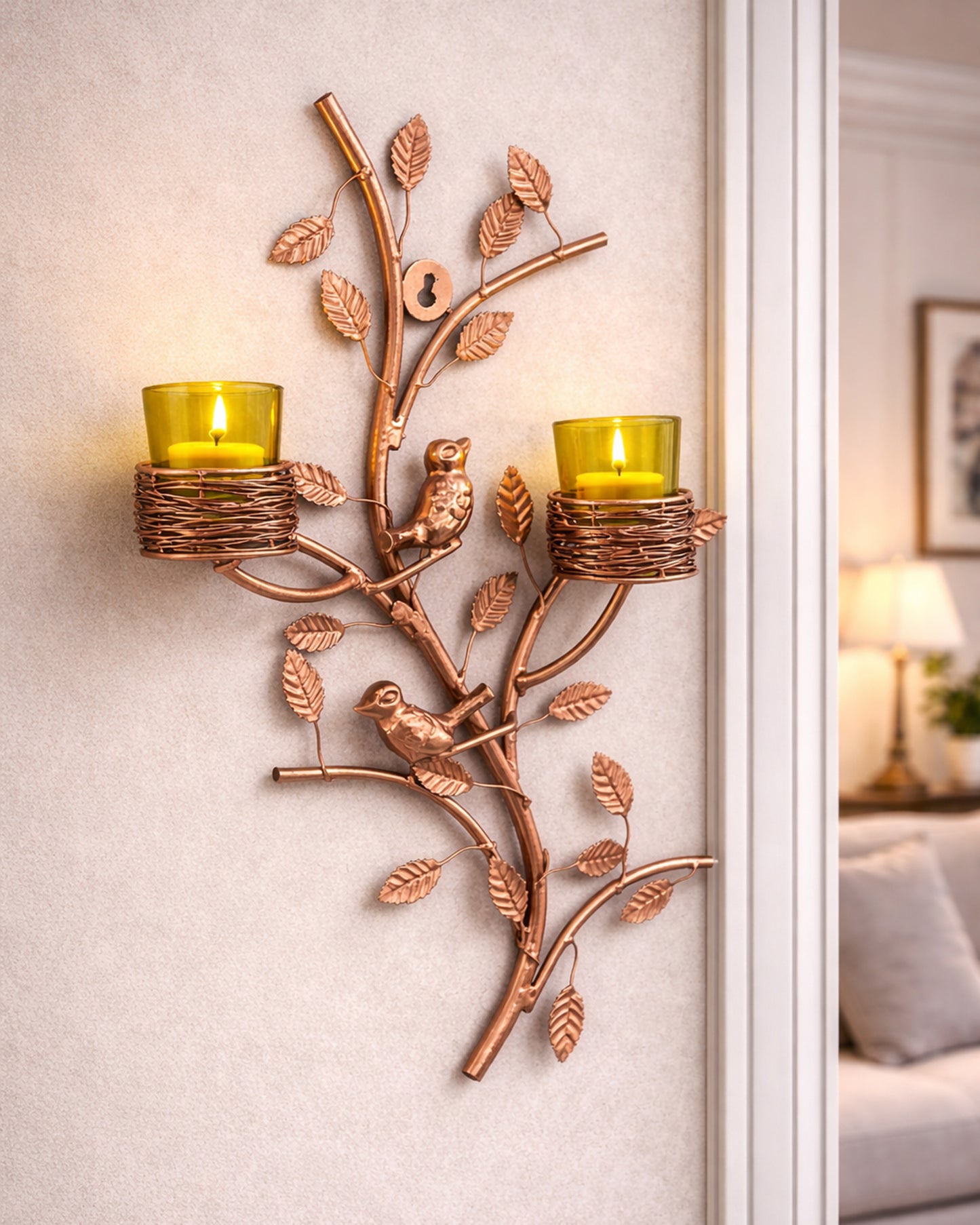 Copper Tree with Bird Nest Votive Stand , Wall Candle Holder and Tealight Candles, Rose Gold