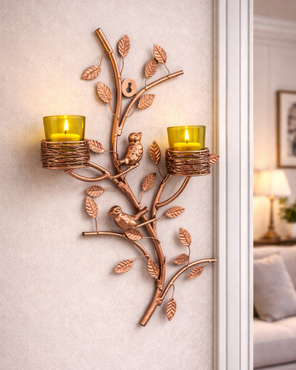 Copper Tree with Bird Nest Votive Stand , Wall Candle Holder and Tealight Candles, Rose Gold