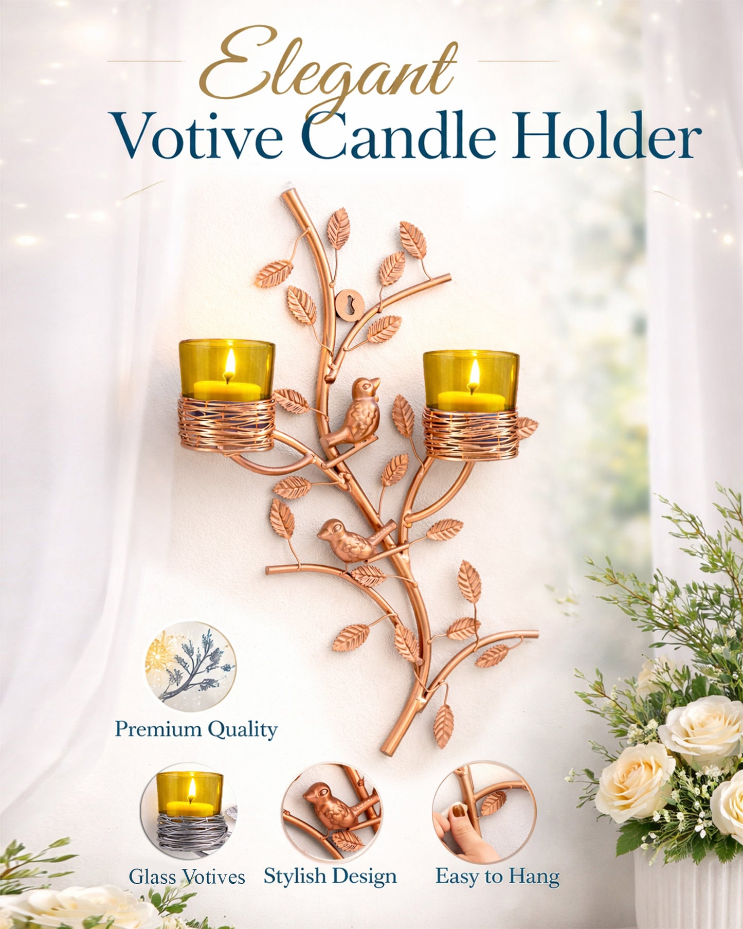 Copper Tree with Bird Nest Votive Stand , Wall Candle Holder and Tealight Candles, Rose Gold