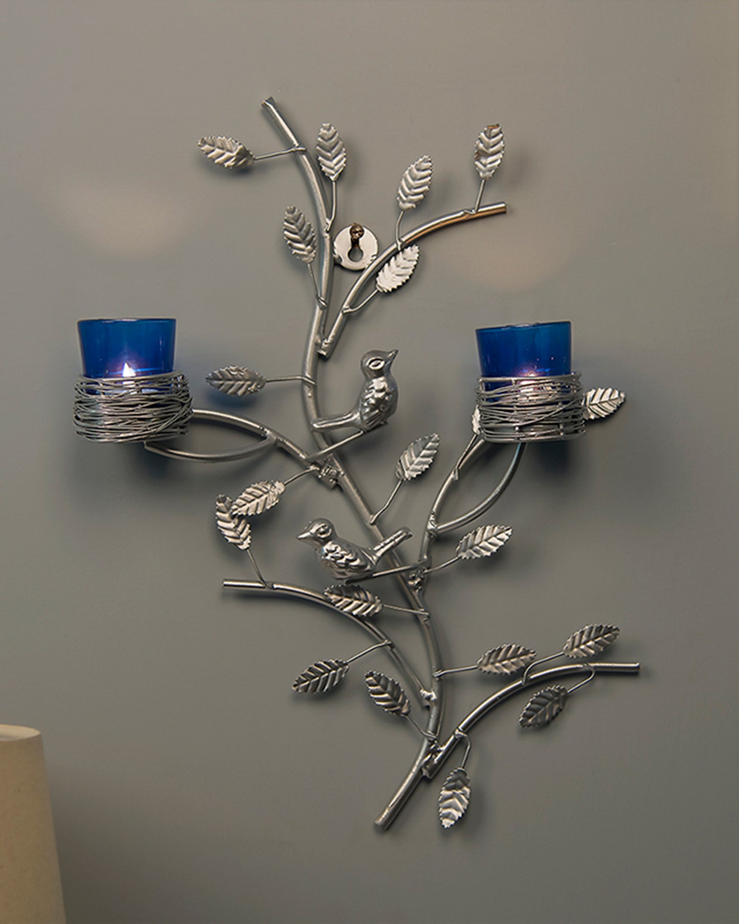 Silver Tree with Bird Nest Votive Stand , Wall Candle Holder and Tealight Candles