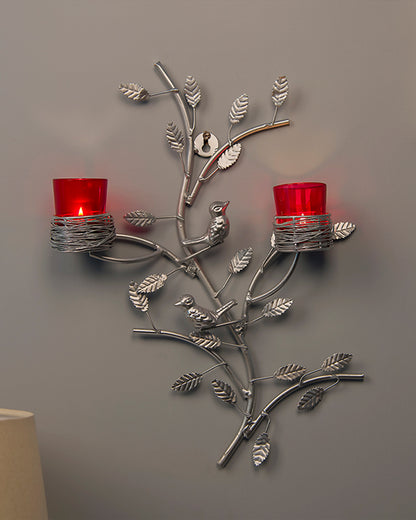 Silver Tree with Bird Nest Votive Stand , Wall Candle Holder and Tealight Candles