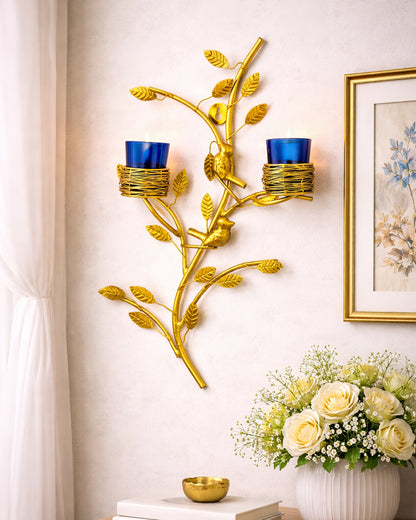 Golden Tree with Bird Nest Votive Stand Green, Wall Candle Holder and Tealight Candles