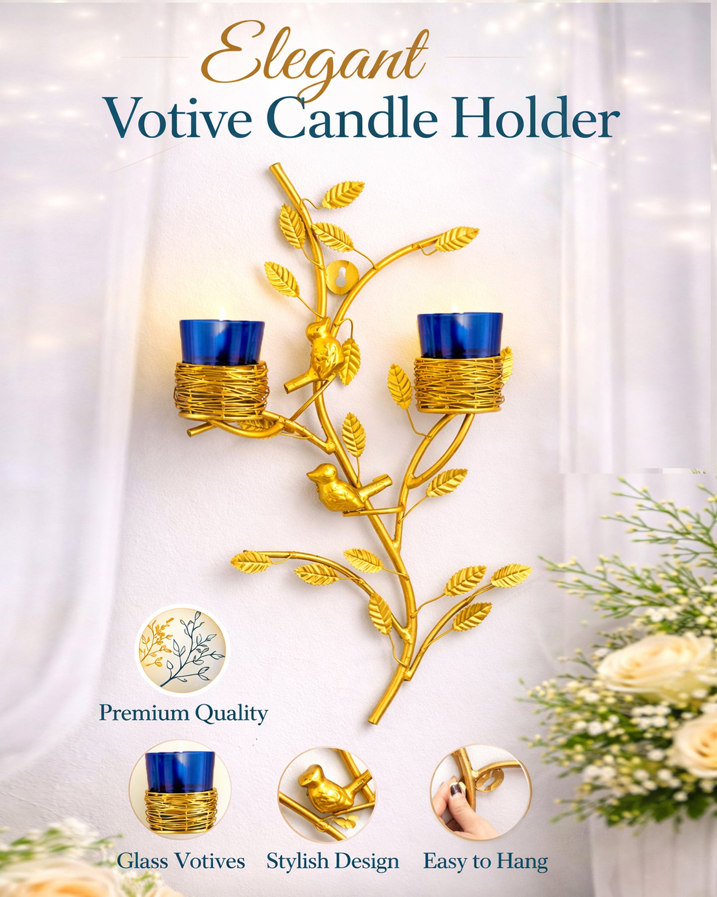 Golden Tree with Bird Nest Votive Stand Green, Wall Candle Holder and Tealight Candles