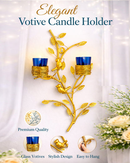 Golden Tree with Bird Nest Votive Stand Green, Wall Candle Holder and Tealight Candles