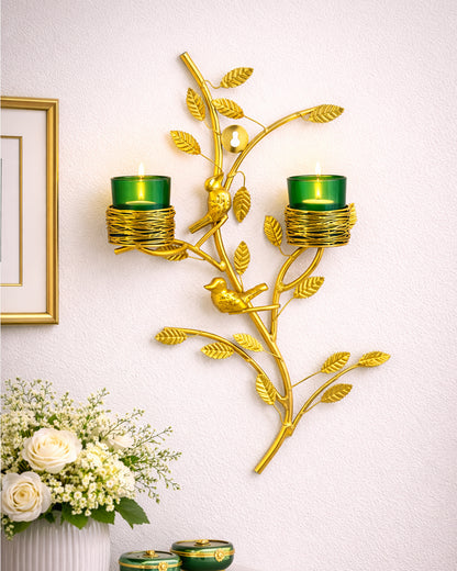 Golden Tree with Bird Nest Votive Stand Green, Wall Candle Holder and Tealight Candles