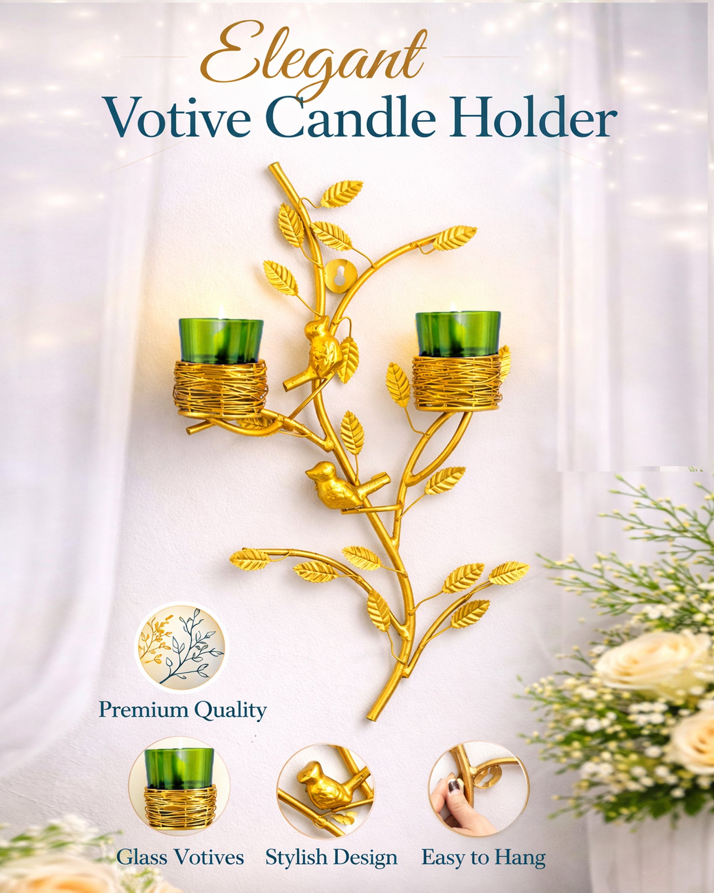 Golden Tree with Bird Nest Votive Stand Green, Wall Candle Holder and Tealight Candles