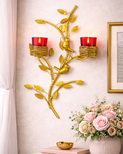 Golden Tree with Bird Nest Votive Stand Green, Wall Candle Holder and Tealight Candles