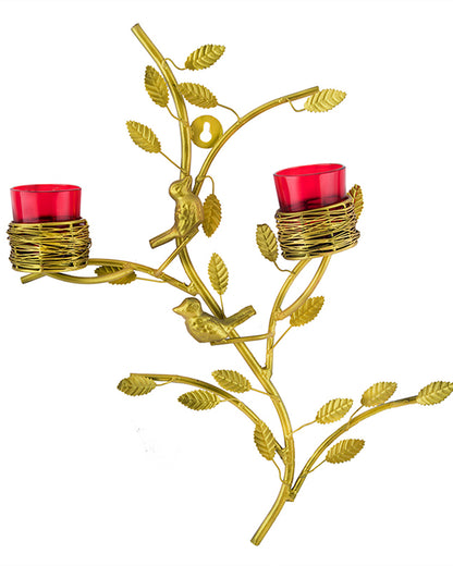 Golden Tree with Bird Nest Votive Stand Green, Wall Candle Holder and Tealight Candles