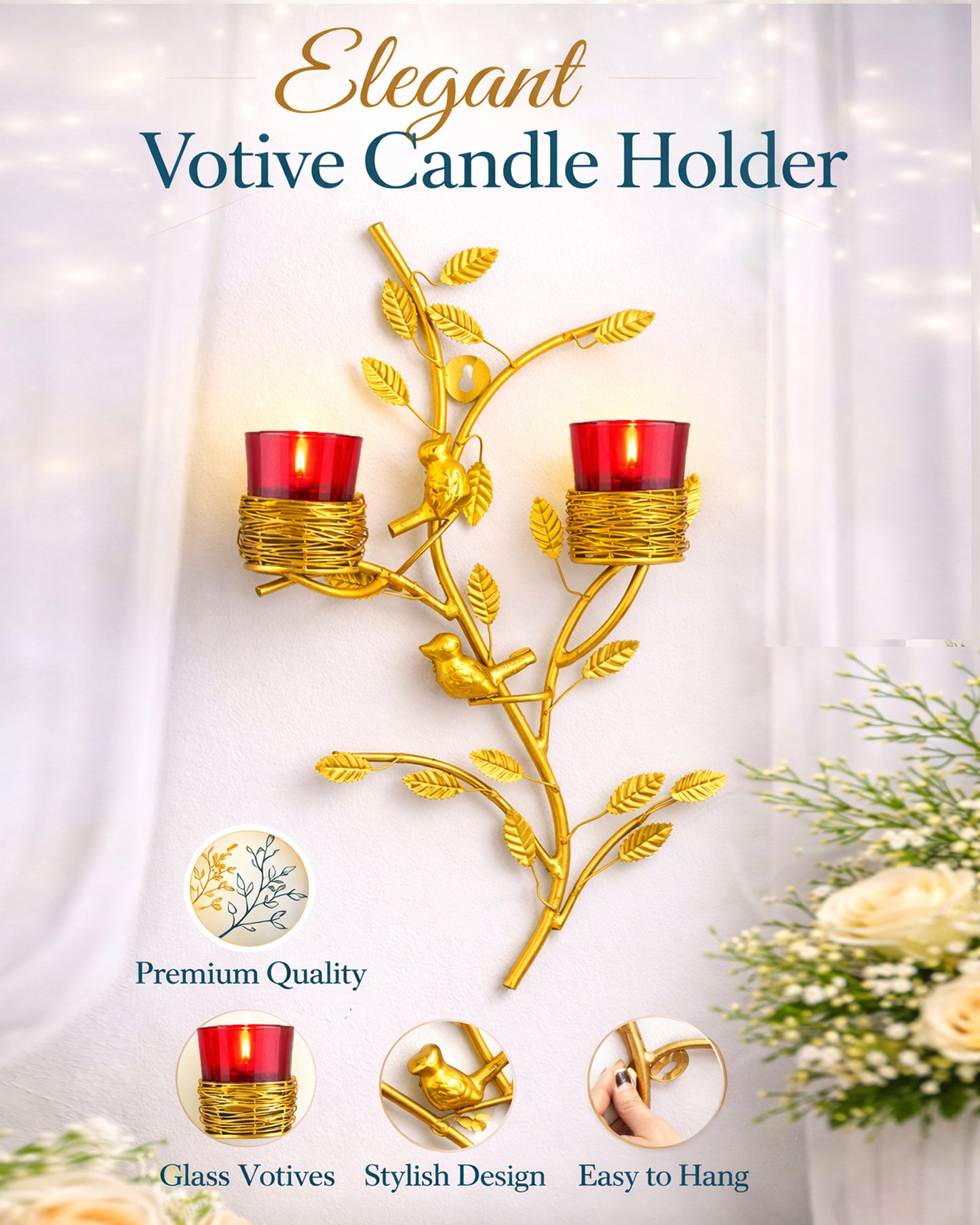 Golden Tree with Bird Nest Votive Stand Green, Wall Candle Holder and Tealight Candles