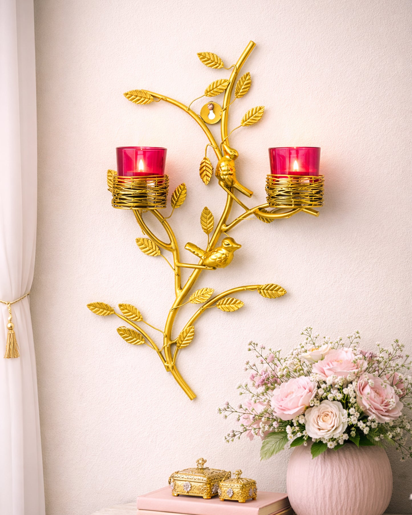 Golden Tree with Bird Nest Votive Stand Green, Wall Candle Holder and Tealight Candles