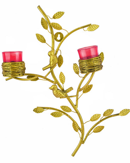 Golden Tree with Bird Nest Votive Stand Green, Wall Candle Holder and Tealight Candles