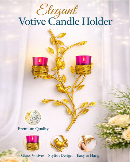 Golden Tree with Bird Nest Votive Stand Green, Wall Candle Holder and Tealight Candles