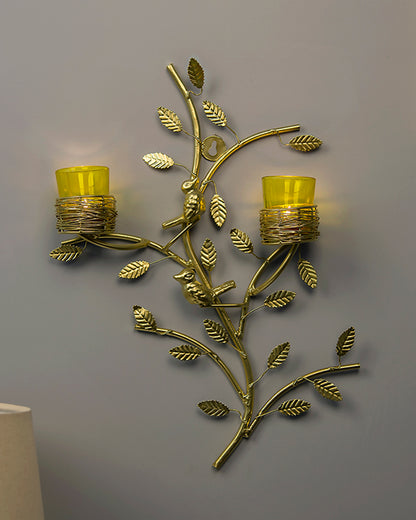 Golden Tree with Bird Nest Votive Stand Green, Wall Candle Holder and Tealight Candles