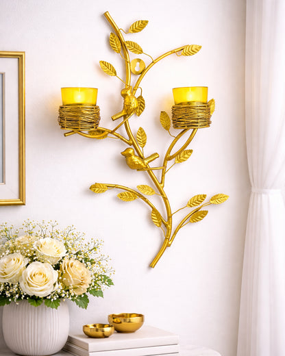 Golden Tree with Bird Nest Votive Stand Green, Wall Candle Holder and Tealight Candles