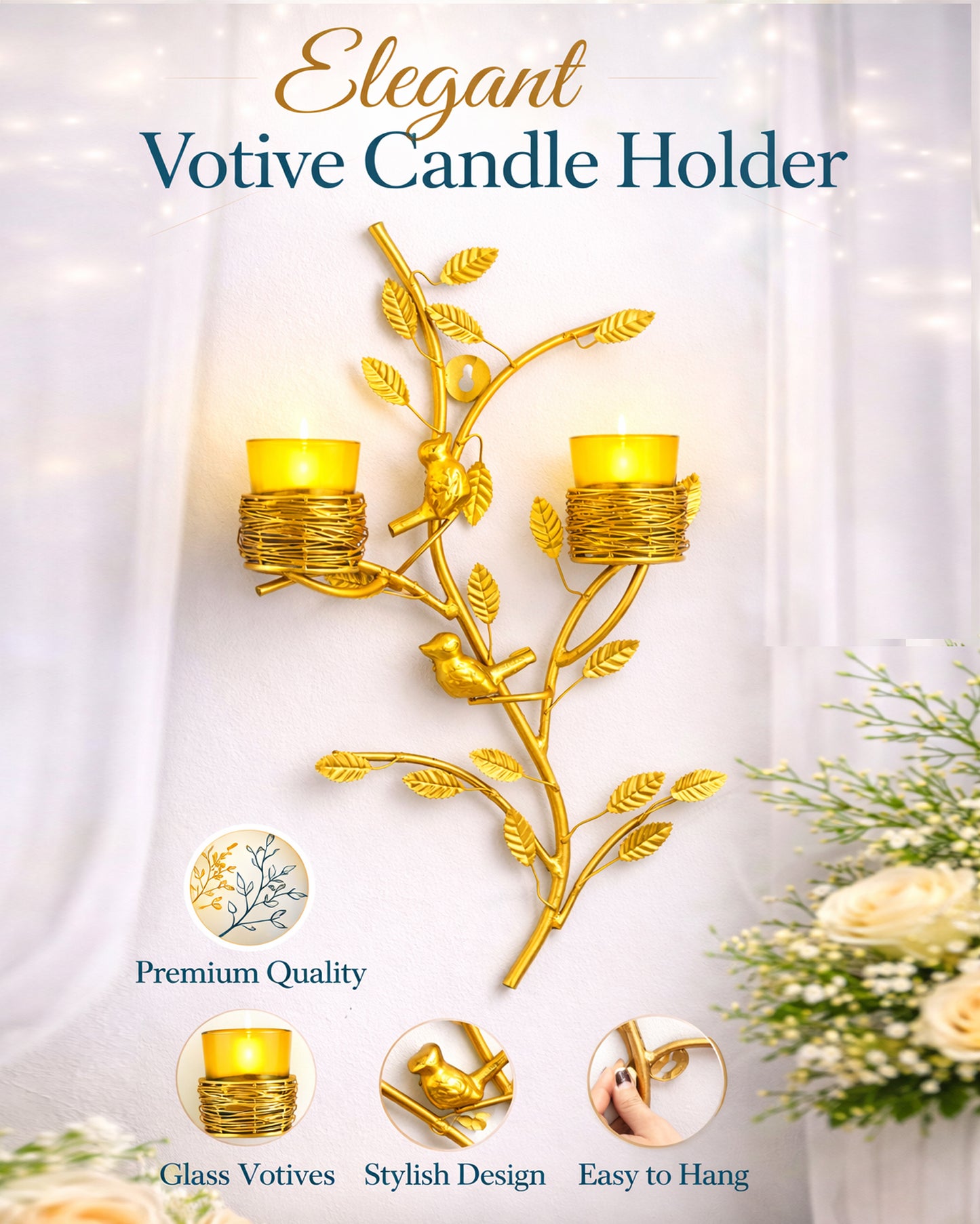 Golden Tree with Bird Nest Votive Stand Green, Wall Candle Holder and Tealight Candles